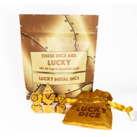These Dice are Lucky - Lucky Metal Edition | Sir GameAlot Set of 7 Premium Metal Golden RPG Polyhedral Dice with Golden Pouch (Golden Metal Dice Edition)