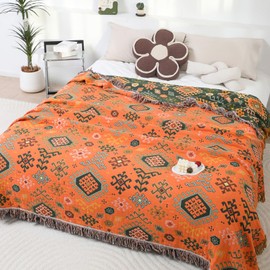 Snycler Boho Throw Blanket, 100% Cotton Soft Luxury Throw Rustic Quilt, 80"x90" Floral Printed Farmhouse Decor Bed Summer Blankets, All Season Rustic Reversible Bohemian Throw for Bed - Orange