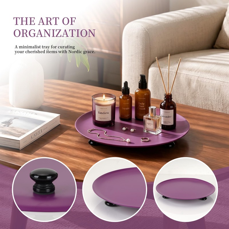 Round Decorative Tray -11 Inch Metal Candle Trays Decor for