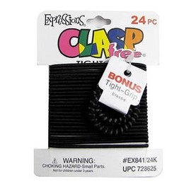 Expressions Black Hair Elastics, 24 Per Card, Clasp Free 841b