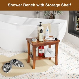 Teak Wood Shower Bench Stool with Storage Shelf, Wooden Waterproof Bathroom Spa Bathing Teak Shower Stool with Non-Slip Feet Gadget 2024 for Indoor or Outdoor Shower Chair Seat Organizer