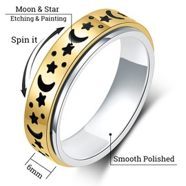 OreilleStar Anxiety Ring for Women Fidget Ring: Spinner Stainless Steel Thumb Ring with Moon Star Fidgit Ring for Men Gold Silver Rainbow Rose Gold Black Size 6 7 8 9 10 (Gold-Moon Star, 6)