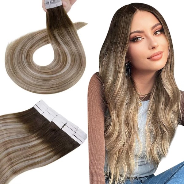 Hetto Remy Real Hair Tape-In Extensions, Balayage, Dark Brown Mix, Ash Brown and Medium Blonde No. 3/8/22, 40 g, 30 cm