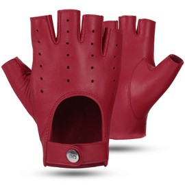 GSG Women's Genuine Fingerless Leather Gloves Driving Motorcycle Gloves Unlined Half Finger Red Large