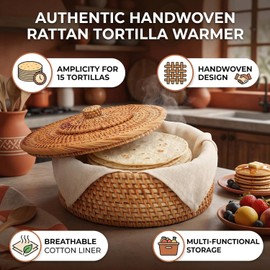 Yosoo Health Gear Cesta para Tortillas de Ratán, Soporte para Tortillas Tejido a Mano Forrado de Tela con Tapa, para Envolver Panqueques, Uso de Almacenamiento en Caliente
