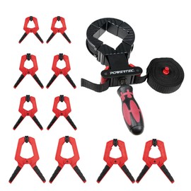 POWERTEC 72208 Deluxe Quick Release Strap Clamp and Spring Clamps Set | Woodworking Frame Clamping Strap Holder with 10 Spring Clamps from 2" - 4"