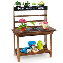 HONEY JOY Kids Potting Bench Table, Fir Wood Garden Potting Benches for Outside, Removable Sink, 4 Flower Pots, Chalkboard, Children Planting Table Work Bench, Mud Kitchen for Kids Outdoor Backyard