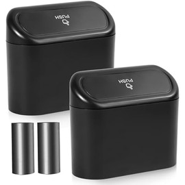 NBTEPEM Car Trash Can with Lid - 2 Pack, Mini Auto Garbage Can with 60 Trash Bags, Leakproof Automotive Garbage Container Bin, Multipurpose Organizers and Storage for Car, Home, Office (Black)