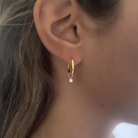 Annika Bella 16mm Gold Plated Huggie Earrings with Removable Simulated Pearl Charm, Hypoallergenic Hoops, Affordable Women’s Jewelry, Gold Ear Jewelry, Perfect Earrings for Women. (Round Pearl)