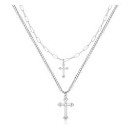 SUFOPE Double Layer Cross Necklace for Women,Dainty Paperclip Tiny Silver Cross Necklace Trendy Cross Pendant Cuban Chain Set Classic Everyday Christmas Jewelry Gift