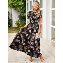 Simplee Womens Summer Wedding Guest Dresses Floral A line High Waist Wedding Guest Long Dress Smocked Vacation Travel Midi Sun Dress(Black Pink M)