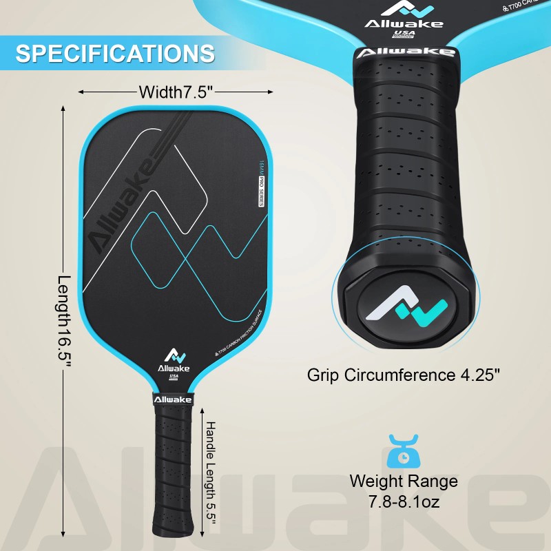 Allwake Pickleball Paddle T700 Raw Carbon Fiber Pickleball Paddle, Increased