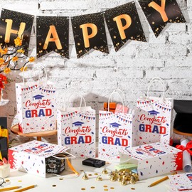 TaoBary 24 Pcs White Blue Red 2025 Graduation Gift Bags Congrats Grad Bags with Handles Grad Paper Treat Party Favor Gifts for Graduation Day Party Supplies, 8 x 6 x 3 Inches