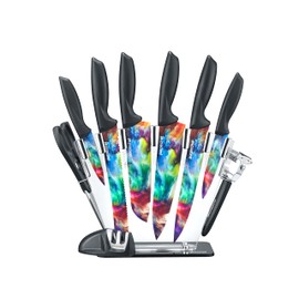 PurpleChef 10 Pieces Kitchen Knives Set. Includes 6 Stainless Steel Knives, Scissors, Knife Sharpener, Peeler, and Clear Acrylic Stand (Cosmos)