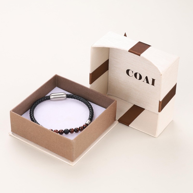 COAI Men's Leather Onyx Red Tiger Eye Stone Beaded Bracelet
