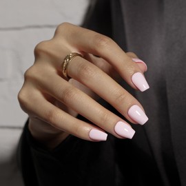 KQueenest Press on Nails Short with Glue - Sheer Pastel Pink Nails for Sticking Short Coffin, Plain Medium Ballerina Fake Nails Light Pink, Artificial Nails Set for Women & Girls, 30 Pieces