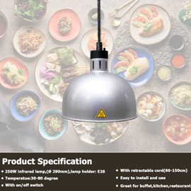 Hanging Food Heat Lamp Infrared Food Warmer Fry Heating Light 250W with Retractable Cord (Hanging,Dia 29cm(Silver))
