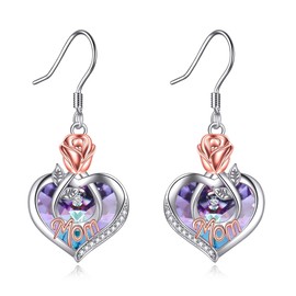 POPKIMI Mom Earrings Gifts for Mom Mom Earrings with Rose Flower Best Gifts for Mom 925 Sterling Silver Crystal Dangle Drop Hook Earrings Birthday Gifts for Mom Mom Earrings Love Heart Rose Flower Earrings Christmas Birthday Gifts