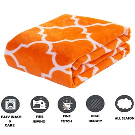 Elegant Comfort Luxury Velvet Super Soft Christmas Prints Fleece Blanket-Holiday Theme Home Décor Fuzzy Warm and Cozy Throws for Winter Bedding, Couch and Gift, 50 x 60 inch, Quatrefoil Orange
