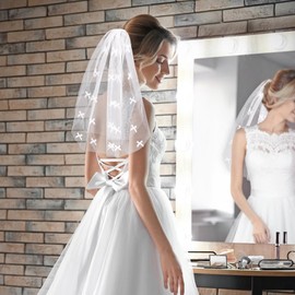 Jaciya Wedding Veil with Romantic Bows | Bachelorette Party Decorations | White Double-Layer Veil