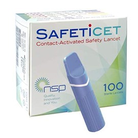 Contact-Activated Safety Lancet Blue 100 Units. Needle Size 21G. Penetration Depth 2.50 mm. Volume: High