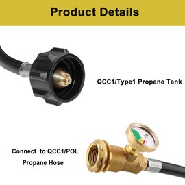 8 Feet Propane Tank Extension Hose with Gauge, Acme to Male QCC/POL Fittings for Gas Grill, Heater and All Other Propane Appliances, Propane Tank Hose Adapter Converts Extension Replacment Parts