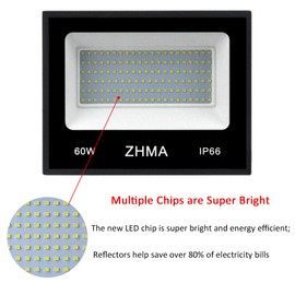 ZHMA 3 Pack 60W Led Flood Light, Outdoor Spotlight, Super Bright Work Light with Plug, IP66 Waterproof (White Light), 5400lm, 6500K, Garage, Backyard, Security Lights Outdoor