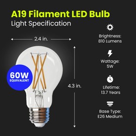Feit Electric A19 LED Light Bulbs, 60W Equivalent, 810 Lumens, 3000K Bright White, High CRI 90+, Dimmable, Filament Style, Energy Saving, 17,000-Hour Lifetime, A1960CL930CA/FIL/4, 4-Pack