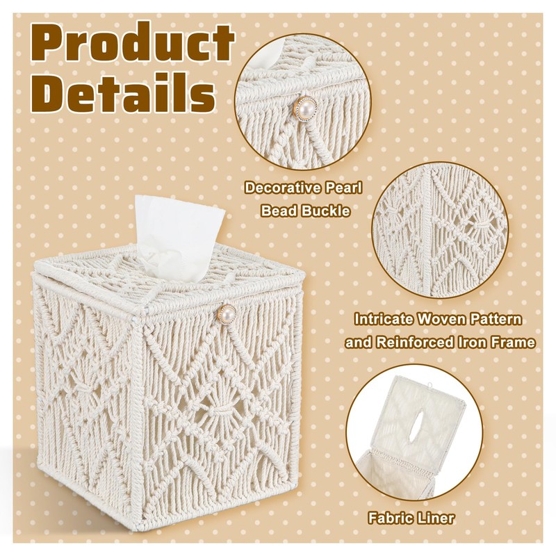 Macrame Tissue Box Cover Boho Decor - 6.7" Ivory Square