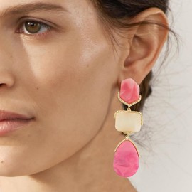 Acrylic Geometric Earrings Multilayer Resin Earrings Long Drop Dangle Earrings Acetate Tassel Earrings Long Pink Cute Jewelry Design for Women (Pink)