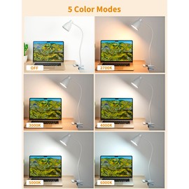 BOHON Clamp Lamp Reading Light 5 Color Modes 10 Brightness Dimmer Bedside Lamp 10W 38 LED Desk Lamp with Auto Off Timer 360° Flexible Gooseneck Clip on Light for Bed Office, Adapter Include, White