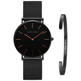 Kubagom Women's Watches Analogue Quartz Stainless Steel Waterproof Mesh Ultra Thin Set with Bangle, Black surface, black bracelet, black bangle 2