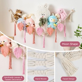 Pretty Jolly Stuffed Animal Hammock with Leaves and Tassels Moon Shaped Boho Macrame Wall Hanging Organizer, Hanging Stuffed Animal Storage, Nursery Room Decor for Girls Boys (Pink)