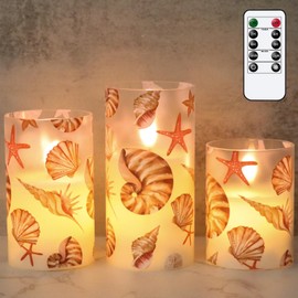 DRomance Seashell Battery Operated Flameless Flickering Candles with Remote Timer 3D Wick Flickering Glass LED Pillar Candles Dinner Christmas Holiday Decor D3 x H4, 5", 6"