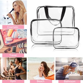 3 Pack Clear Travel Bags for Toiletries, Waterproof Clear Plastic Cosmetic Makeup Bags, Transparent Packing Organizer Storage Bags, Clear Plastic Tote Bags with Zipper Handle Straps (Black)
