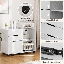 Zyerch Wood File Cabinet with Lock, 3-Drawer Rolling Wooden Printer Stand Under Desk Storage Organizer with 5 Wheels, Printer Stand with Open Storage Shelves for Home Office - White