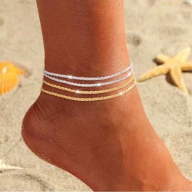 Coshilta Gold Anklets for Women,14K Gold Plated/Sterling Silver Ankle Bracelets for Women Glitter Waterproof Adjustable Set Layered Anklets Summer Beach Jewelry Gift 4pc