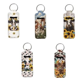 Baxinh Sunflower Cow Print Chapstick Holder Keychain Lip Gloss Tube Holder, Portable Neoprene Lipstick Holder Clip-on Case Cow Lip Gloss Holder for Girl Women