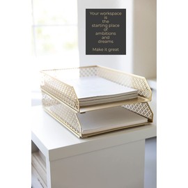 BLU MONACO Gold File Organizer – Stackable Paper Tray Set of 2 for Desk, Office Inbox & Letter Trays, Gold Desk Organizer