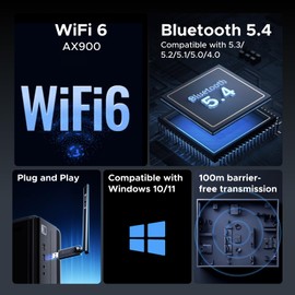 UGREEN 2-in-1 USB Bluetooth WiFi 6 Adapter for Desktop PC, AX900 + Bluetooth 5.4 WiFi Dongle with 5GHz 600Mbps, 2.4GHz 287Mbps, 6dBi High Gain Adjustable Antenna,Compatible with Windows 11/10