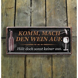 schilderkreis24 Tin Sign Funny Saying "Komm, mach den Wein auf." Decorative Sign Gift Idea Retro Funny Gift for Birthday Christmas Wine Cellar Wine Bar Wine Arbour 28 x 12 cm