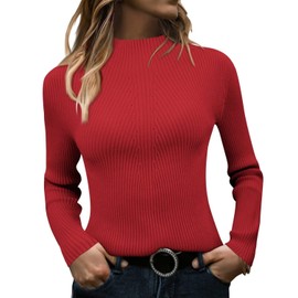 ANFTFH Sweaters for Women Winter Warm Turtleneck Long Sleeve Sweaters Knit Tops Red L