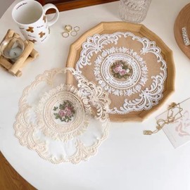 2pcs Retro French lace Placemats, exquisite flower embroidered Round Doilies Coasters Vase mat for home decoration (Beige,Diameter 28cm)