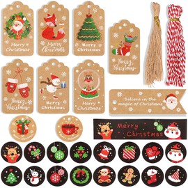 100 PCS Etiquetas Papel Kraft Navideñas para Regalo con 32 Etiquetas Adhesivas de Navidad, Etiquetas de Navidad Colgantes con 2 Colores para Cuerda, para la Decoración de Regalos de Navidad
