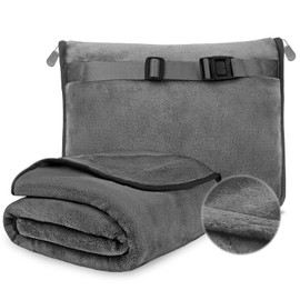 WANDGU 127 x 152 cm Travel Blanket, 2 in 1: Grey Aeroplane Blanket with Soft Pillow Case, Soft & Warm Blanket Aeroplane, Travel Pillow & Travel Blanket 2 in 1, Portable Transformation Pillow for