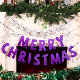 VitalCozy Set of 3 Pre-Strung Merry Christmas Banner Merry Christmas Garland Glitter Xmas Sign Inside Hanging Decor Outdoor Indoor Decoration for Holiday Party Supplies Home Porch (Purple, Silver)