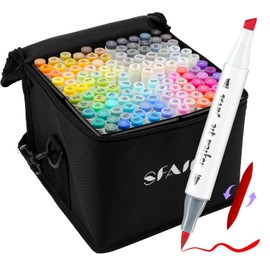 SFAIH Alcohol Markers Brush & Chisel - 121 Colors Double Tipped Art Markers for Adult Coloring Illustration, Gifts for Artist Adult - Adjustable Shoulder Strap & Faux Leather Lining & Outer Zip Pocket