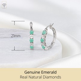 Real Diamond and Green Emerald Hoop Earrings for Women | 925 Sterling Silver Gemstone May Birthstone Hoop Earrings | Hypoallergenic Real Diamond Earring Hoops for Women by MAX + STONE