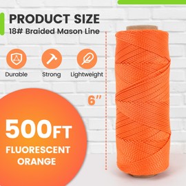 MERIANE Mason Line, 500 Ft #18 Braided Nylon String Twine, Premium String for Masonry Jobs, Construction, Gardening, Net Making and Mending, DIY Projects, Fluorescent Orange