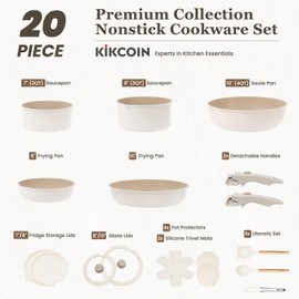 KIKCOIN 20 Pcs Pots and Pans Set Non Stick, Detachable Handle Cookware Set Nonstick, Non Toxic Induction RV Kitchen Cooking Set with Removable Handles, Dishwasher/Oven Safe, Easy Clean